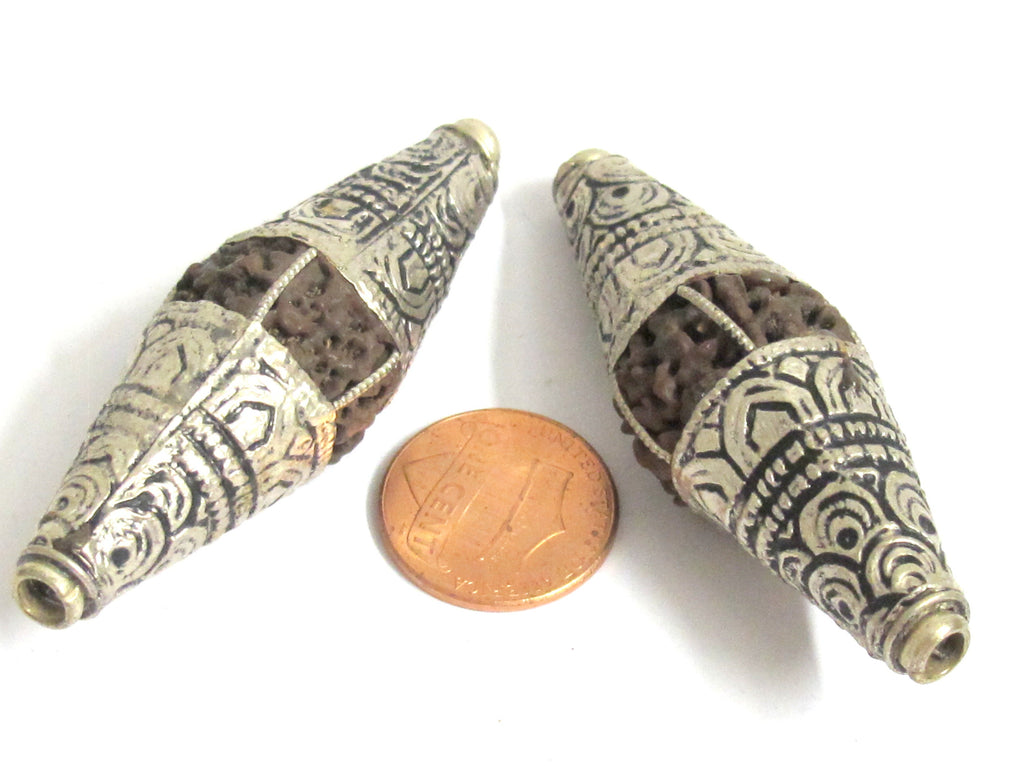 2 Beads - Long bicone Nepal 5 mukhi natural rudraksha beads encased in tibetan silver floral cap melon design mala making - NB124