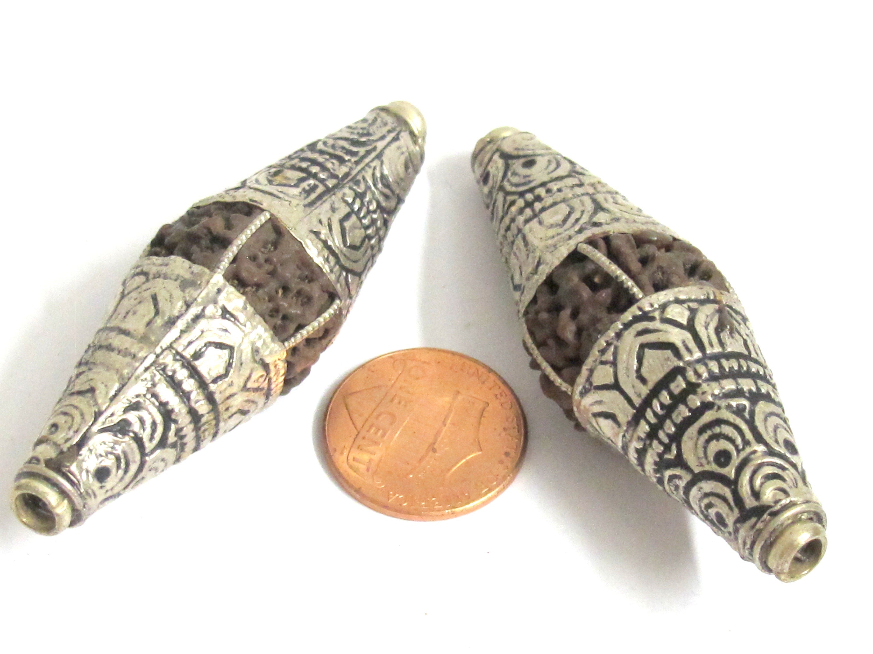 2 Beads - Long bicone Nepal 5 mukhi natural rudraksha beads encased in tibetan silver floral cap melon design mala making - NB124