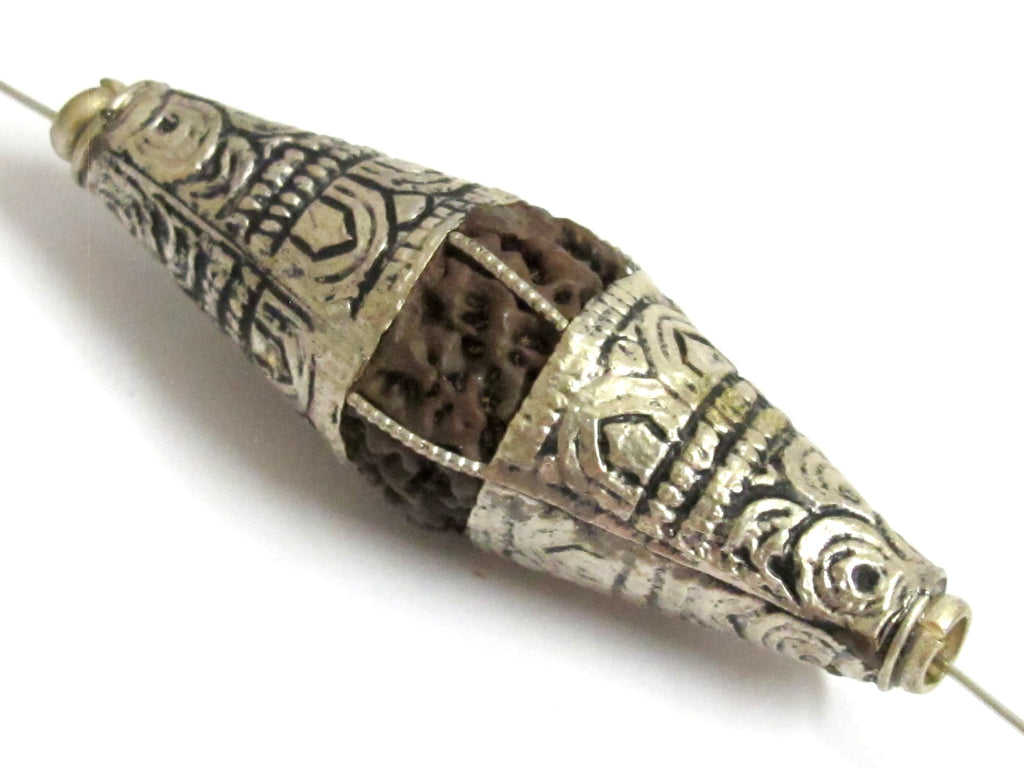 2 Beads - Long bicone Nepal 5 mukhi natural rudraksha beads encased in tibetan silver floral cap melon design mala making - NB124