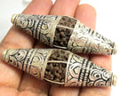 2 Beads - Long bicone Nepal 5 mukhi natural rudraksha beads encased in tibetan silver floral cap melon design mala making - NB124