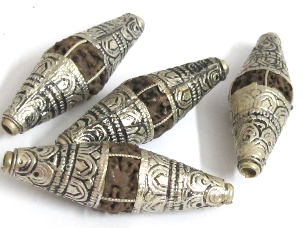 2 Beads - Long bicone Nepal 5 mukhi natural rudraksha beads encased in tibetan silver floral cap melon design mala making - NB124