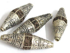 2 Beads - Long bicone Nepal 5 mukhi natural rudraksha beads encased in tibetan silver floral cap melon design mala making - NB124