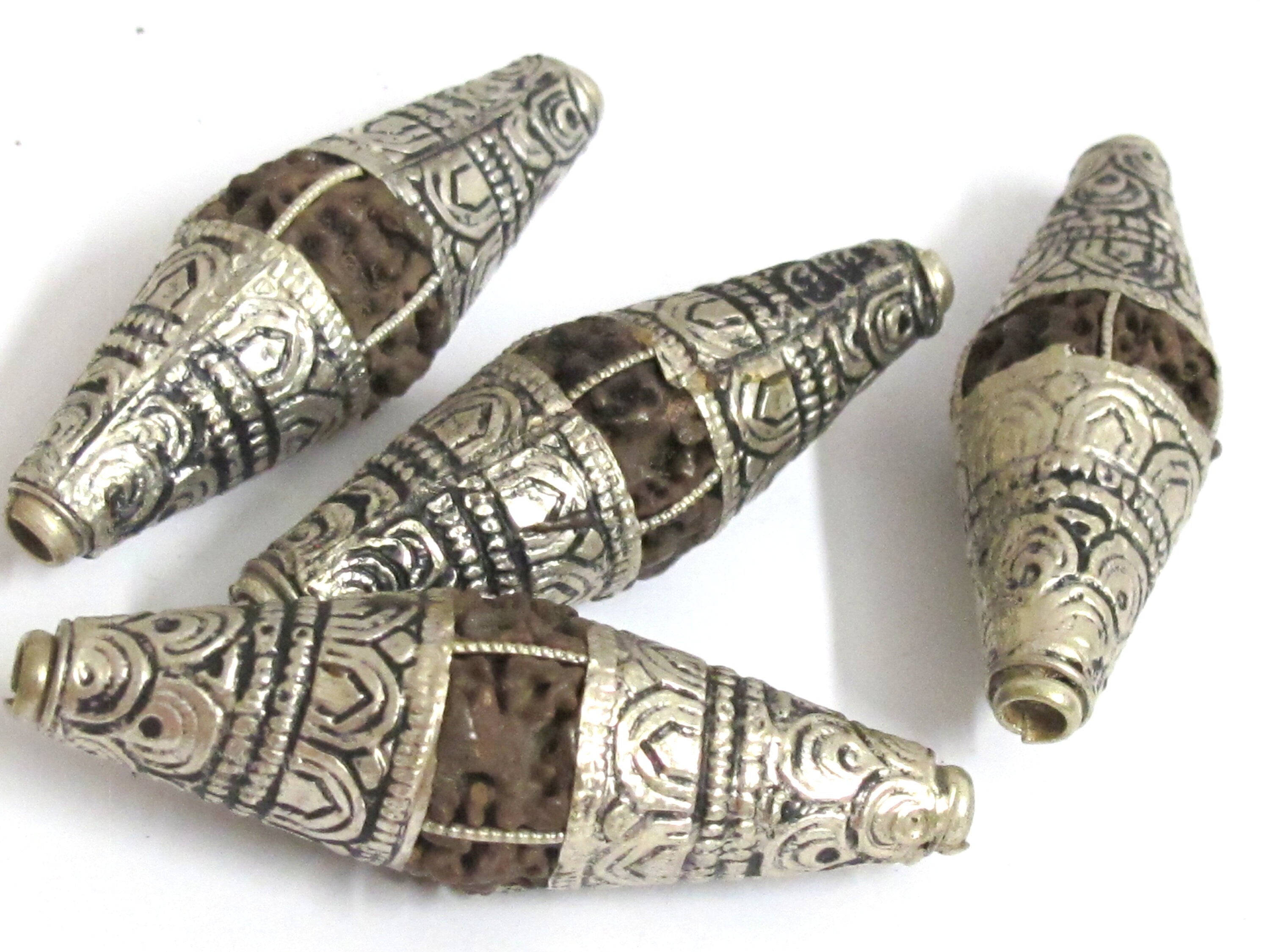 2 Beads - Long bicone Nepal 5 mukhi natural rudraksha beads encased in tibetan silver floral cap melon design mala making - NB124
