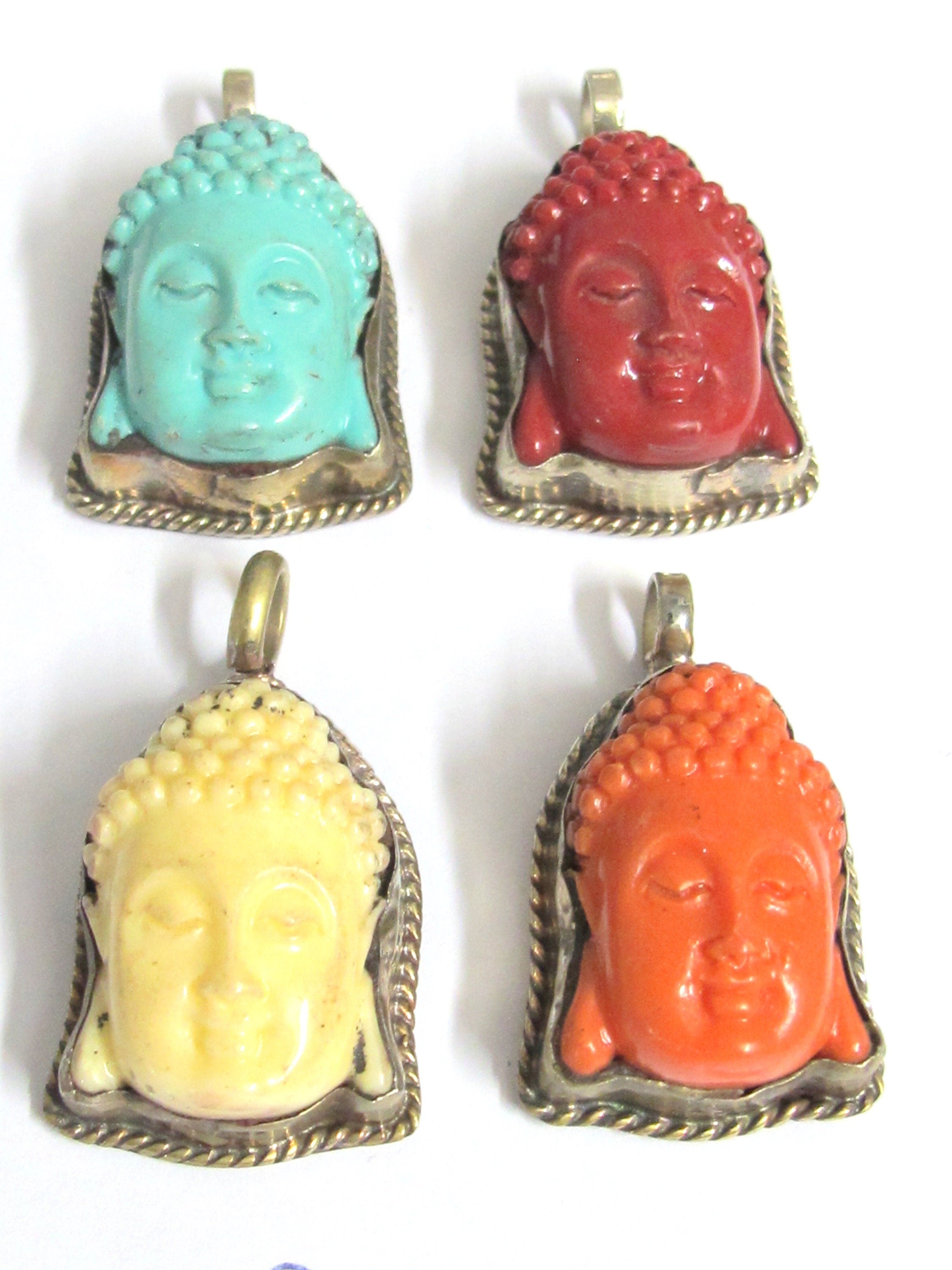 1 pendant - Tibetan Nepal resin Buddha face pendant with floral carving on other side-- PM485B