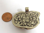 1 Pendant - Carved upcycled cattle bone animal horse shape pendant with floral carving on reverse side handcrafted Nepal - PB009E