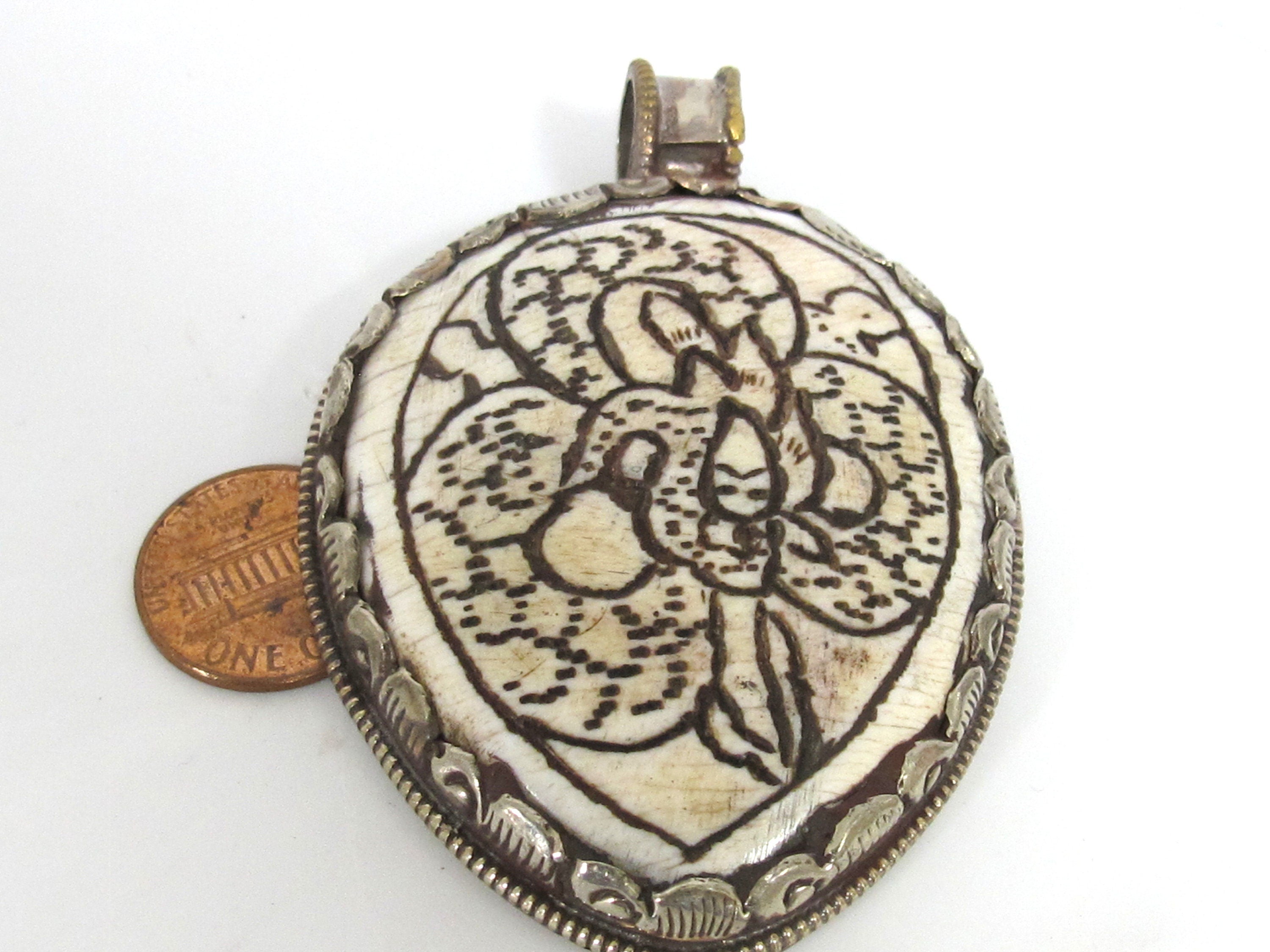 OOAK unique Tibetan dragon carved conch shell pendant Large heavy bold jewelry pendant with reverse side elephant design Nepal - PM406YD