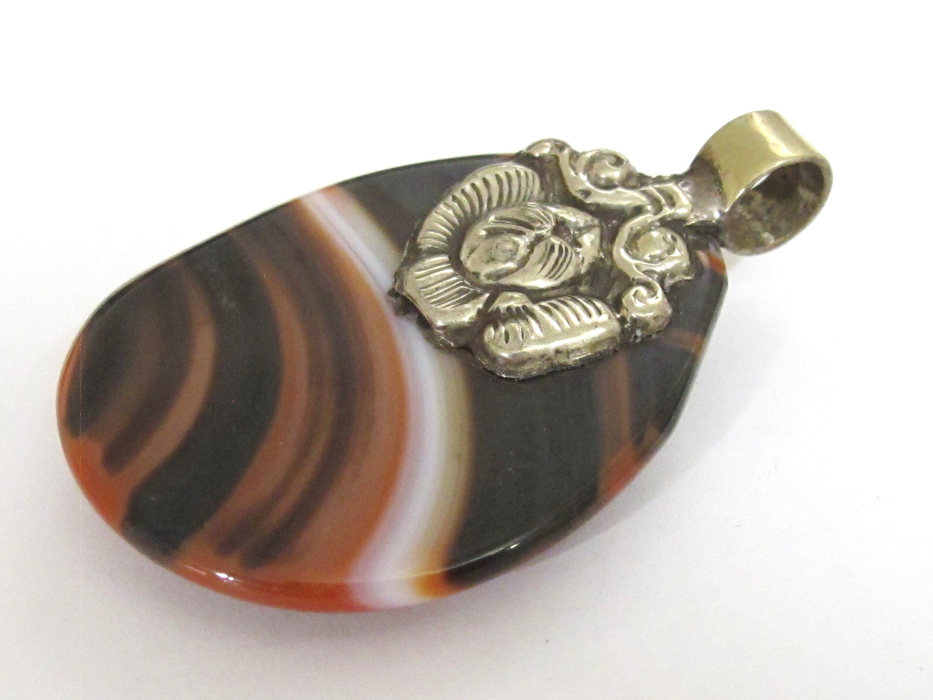 OOAK Reversible Beautiful Tibetan oval shape brown agate gemstone pendant with lotus floral design - PM582D
