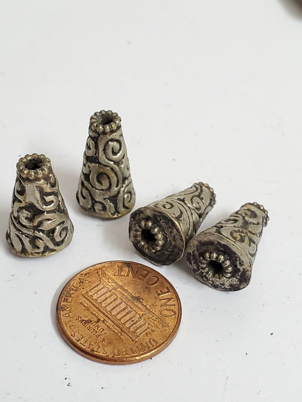 4 BEADS - Tibetan antiqued silver finish repousse floral design conical cone shape beads handcrafted Nepal 10 mm x 17 -18 mm - BD353B