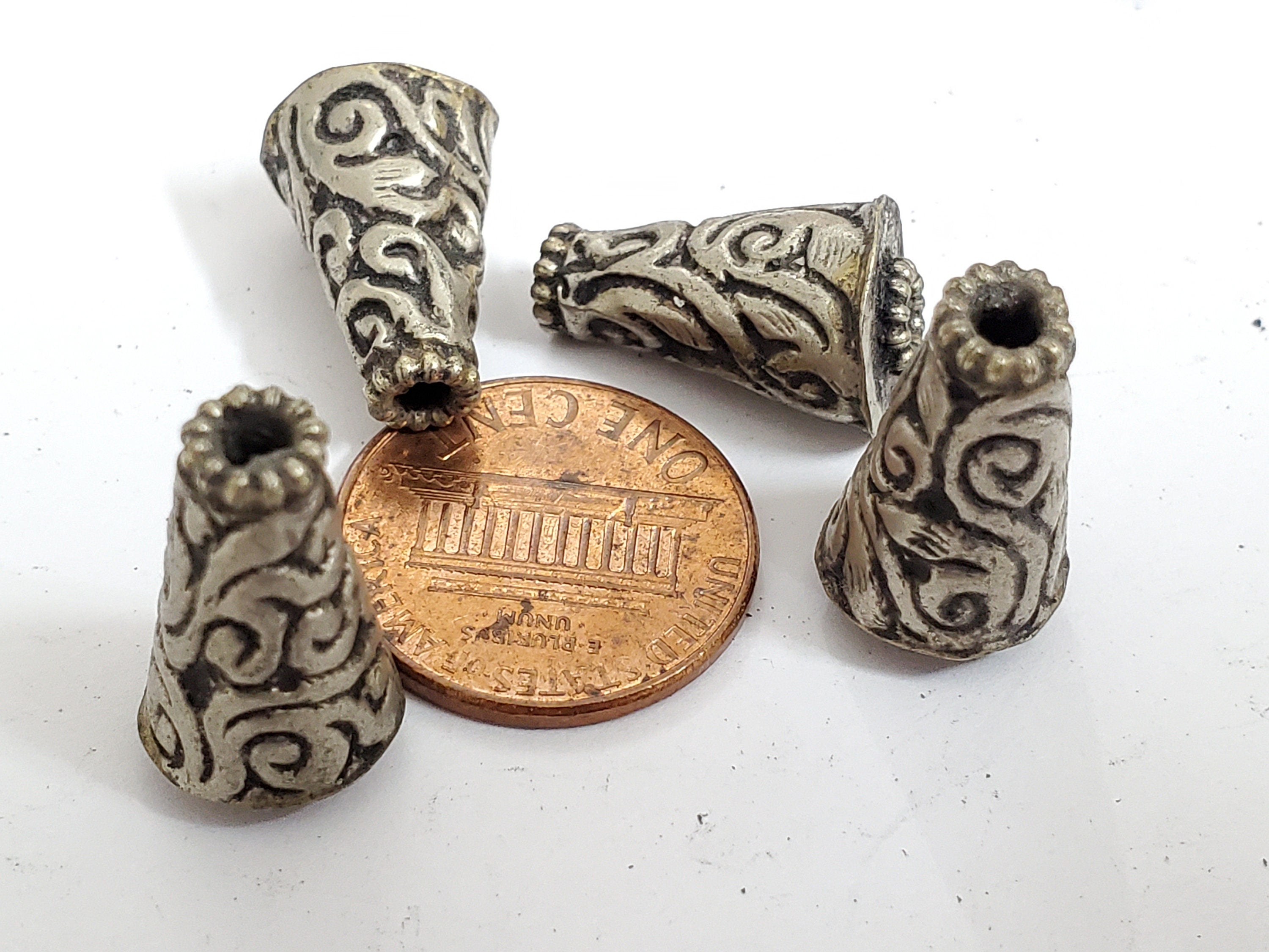 4 BEADS - Tibetan antiqued silver finish repousse floral design conical cone shape beads handcrafted Nepal 10 mm x 17 -18 mm - BD353B