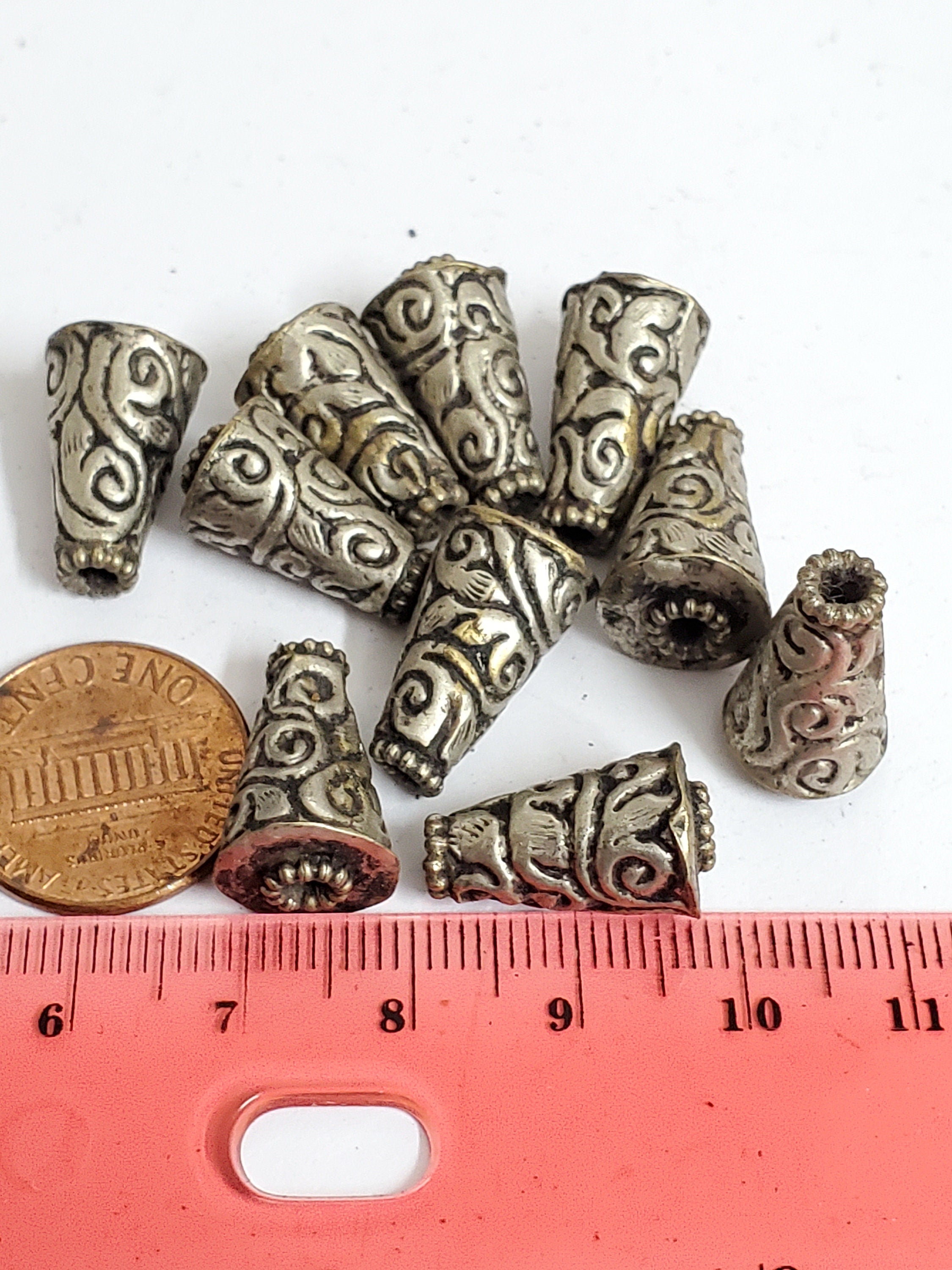 4 BEADS - Tibetan antiqued silver finish repousse floral design conical cone shape beads handcrafted Nepal 10 mm x 17 -18 mm - BD353B