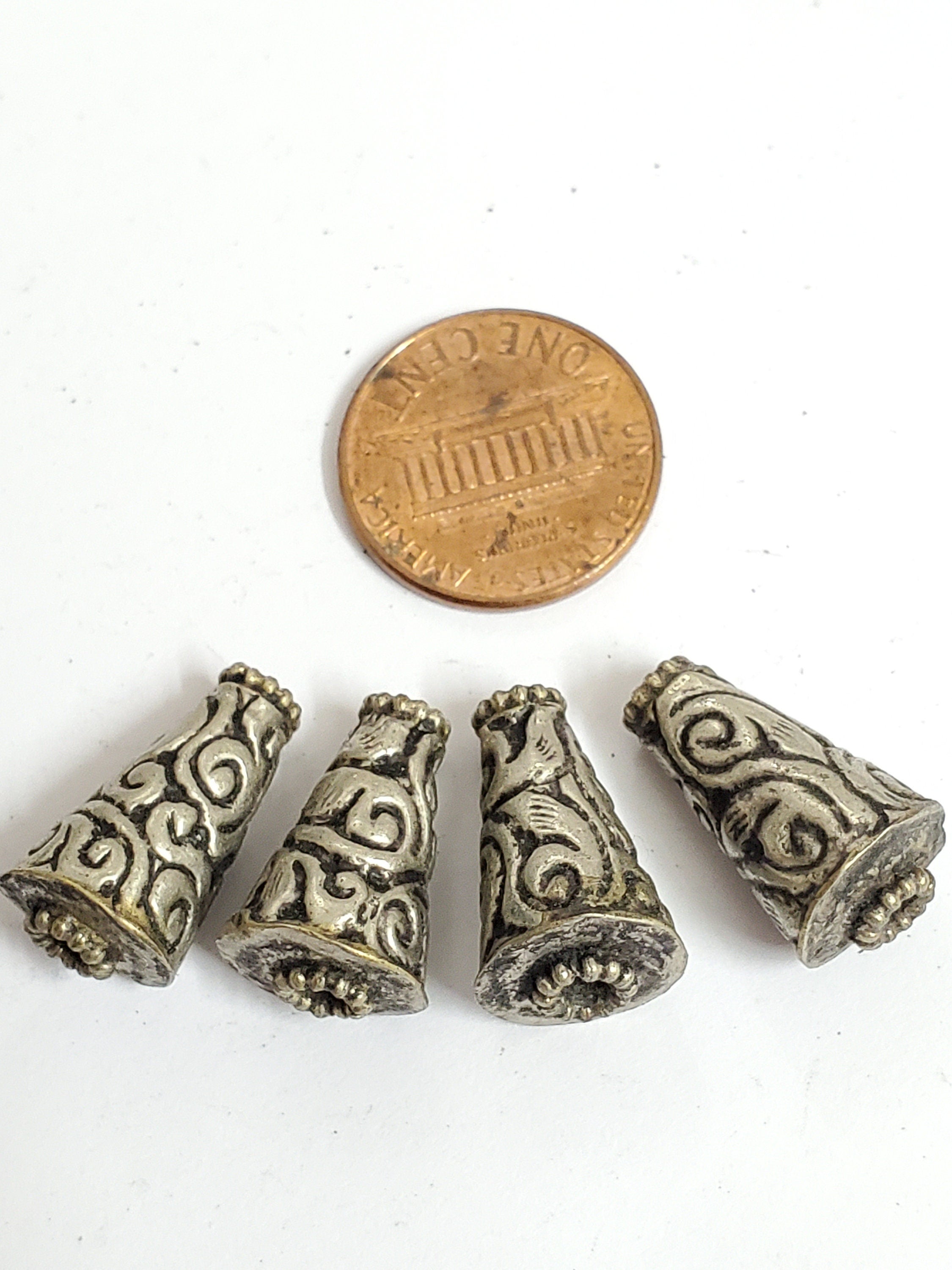 4 BEADS - Tibetan antiqued silver finish repousse floral design conical cone shape beads handcrafted Nepal 10 mm x 17 -18 mm - BD353B