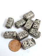 4 BEADS -Rectangular cube shape Tibetan antiqued silver finish repousse floral design bead - BD353C