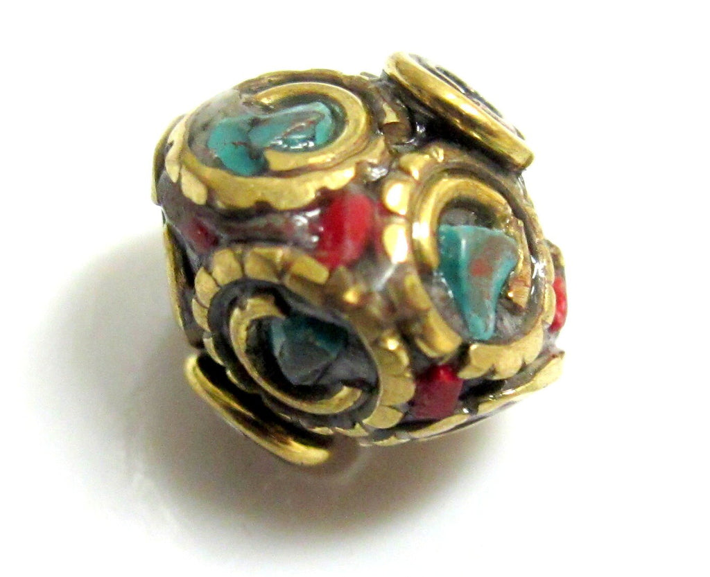 2 Beads-Bicone disc shape brass beads from Nepal with turquoise inlay - BD150
