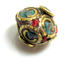 2 Beads-Bicone disc shape brass beads from Nepal with turquoise inlay - BD150