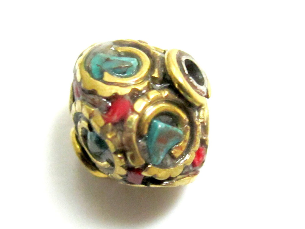 2 Beads-Bicone disc shape brass beads from Nepal with turquoise inlay - BD150