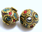 2 Beads-Bicone disc shape brass beads from Nepal with turquoise inlay - BD150