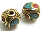 2 beads -Nepal bead tibetan focal bead brass bead - Oval shape brass beads from Nepal with turquoise inlay - BD151