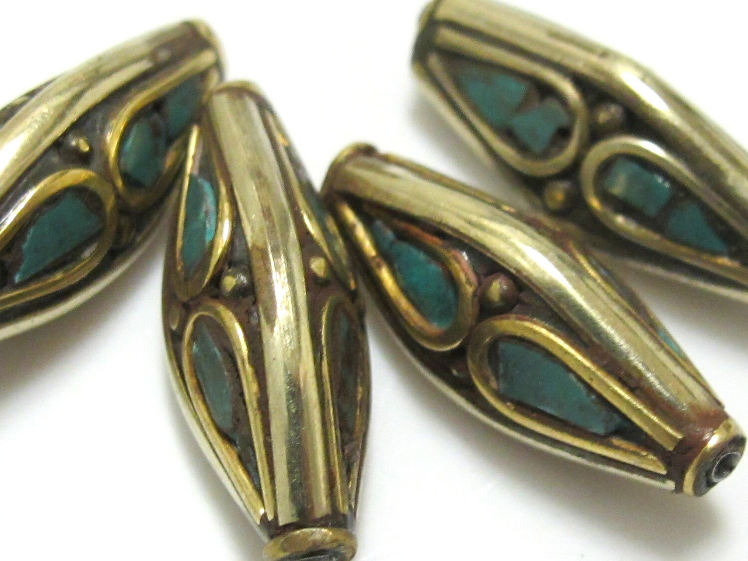 2 Beads - Nepal beads brass with turquoise inlay bicone shape - Nepal beads shop - BD073