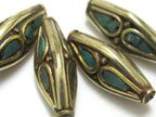 2 Beads - Nepal beads brass with turquoise inlay bicone shape - Nepal beads shop - BD073