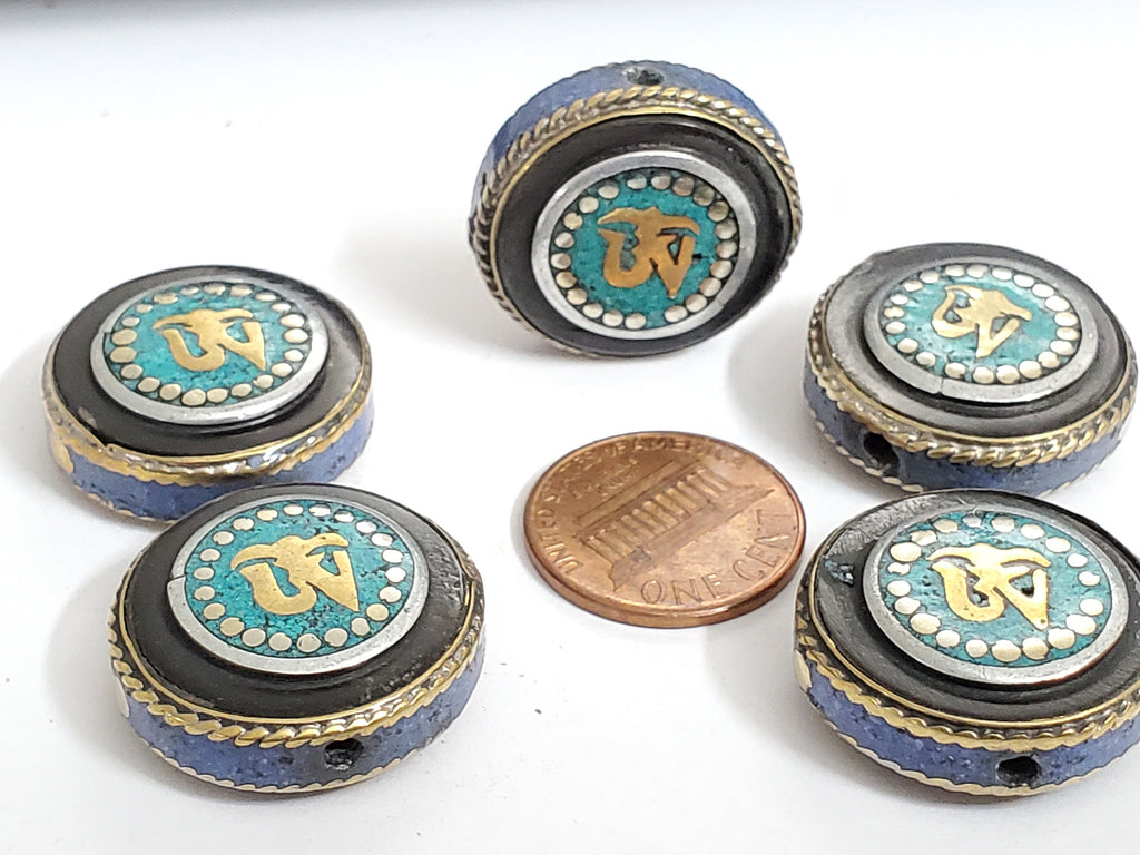 2 BEADS - Tibetan Om inscribed reversible brass bead with turquoise lapis inlay - BD471B