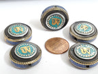 2 BEADS - Tibetan Om inscribed reversible brass bead with turquoise lapis inlay - BD471B