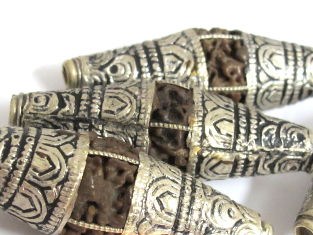 2 Beads - Long bicone Nepal 5 mukhi natural rudraksha beads encased in tibetan silver floral cap melon design mala making - NB124