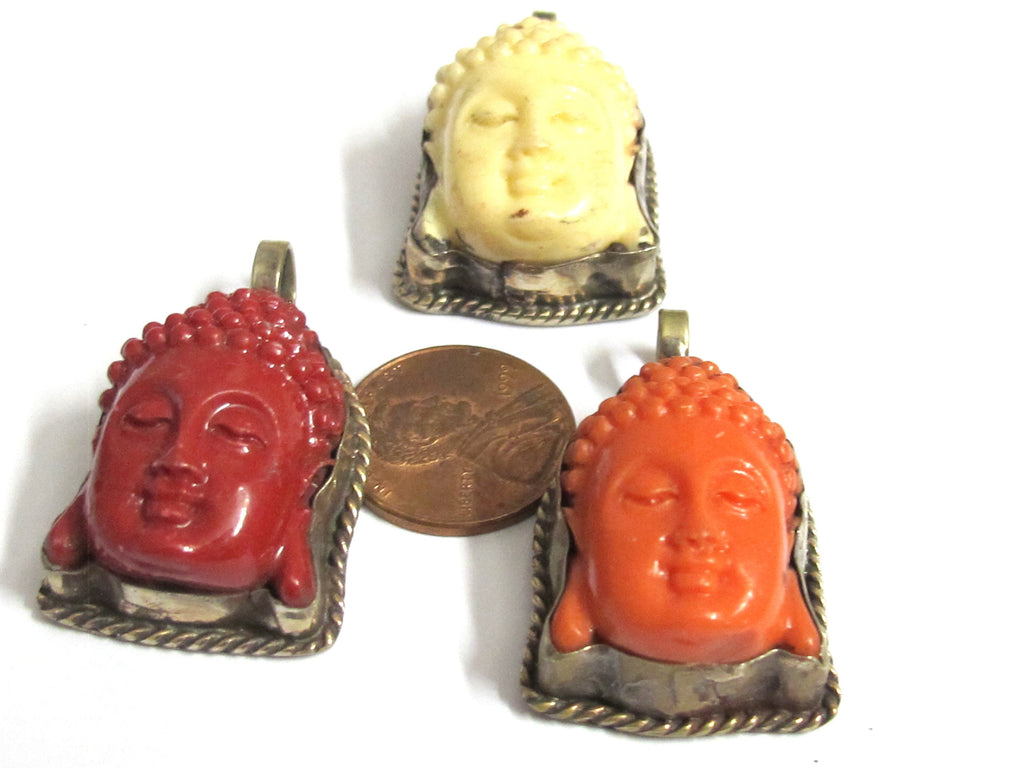 1 pendant - Tibetan Nepal resin Buddha face pendant with floral carving on other side-- PM485B