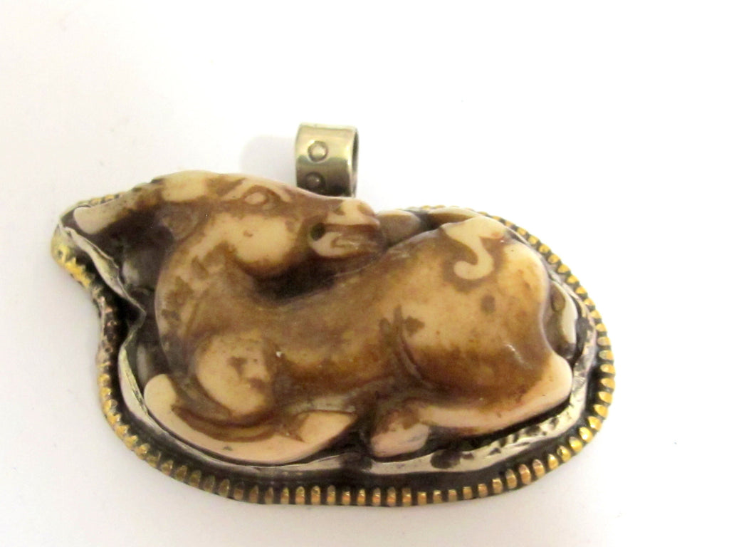 1 Pendant - Carved upcycled cattle bone animal horse shape pendant with floral carving on reverse side handcrafted Nepal - PB009E