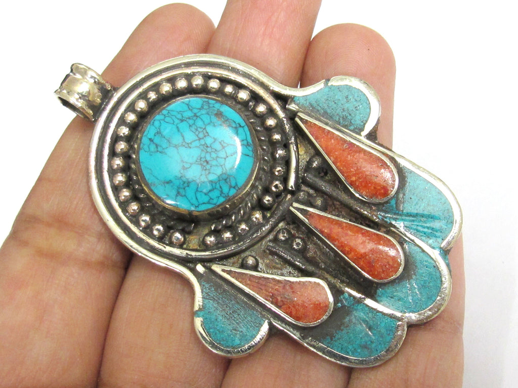 1 pendant - Beautiful Tibetan hamsa pendant with turquoise coral inlay hand pendant handcrafted Nepal - PM337C