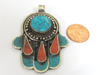 1 pendant - Beautiful Tibetan hamsa pendant with turquoise coral inlay hand pendant handcrafted Nepal - PM337C