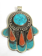 1 pendant - Beautiful Tibetan hamsa pendant with turquoise coral inlay hand pendant handcrafted Nepal - PM337C