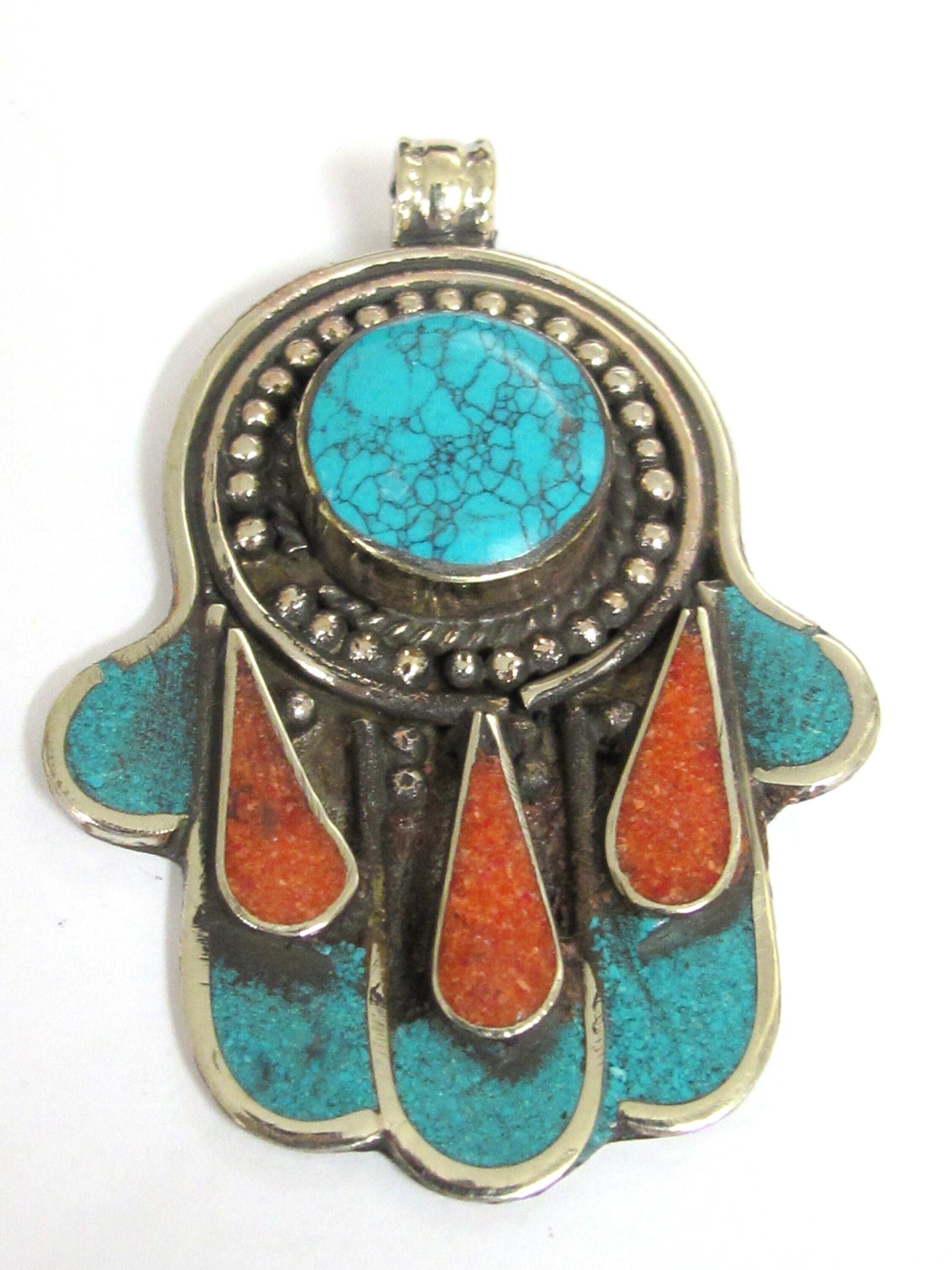 1 pendant - Beautiful Tibetan hamsa pendant with turquoise coral inlay hand pendant handcrafted Nepal - PM337C