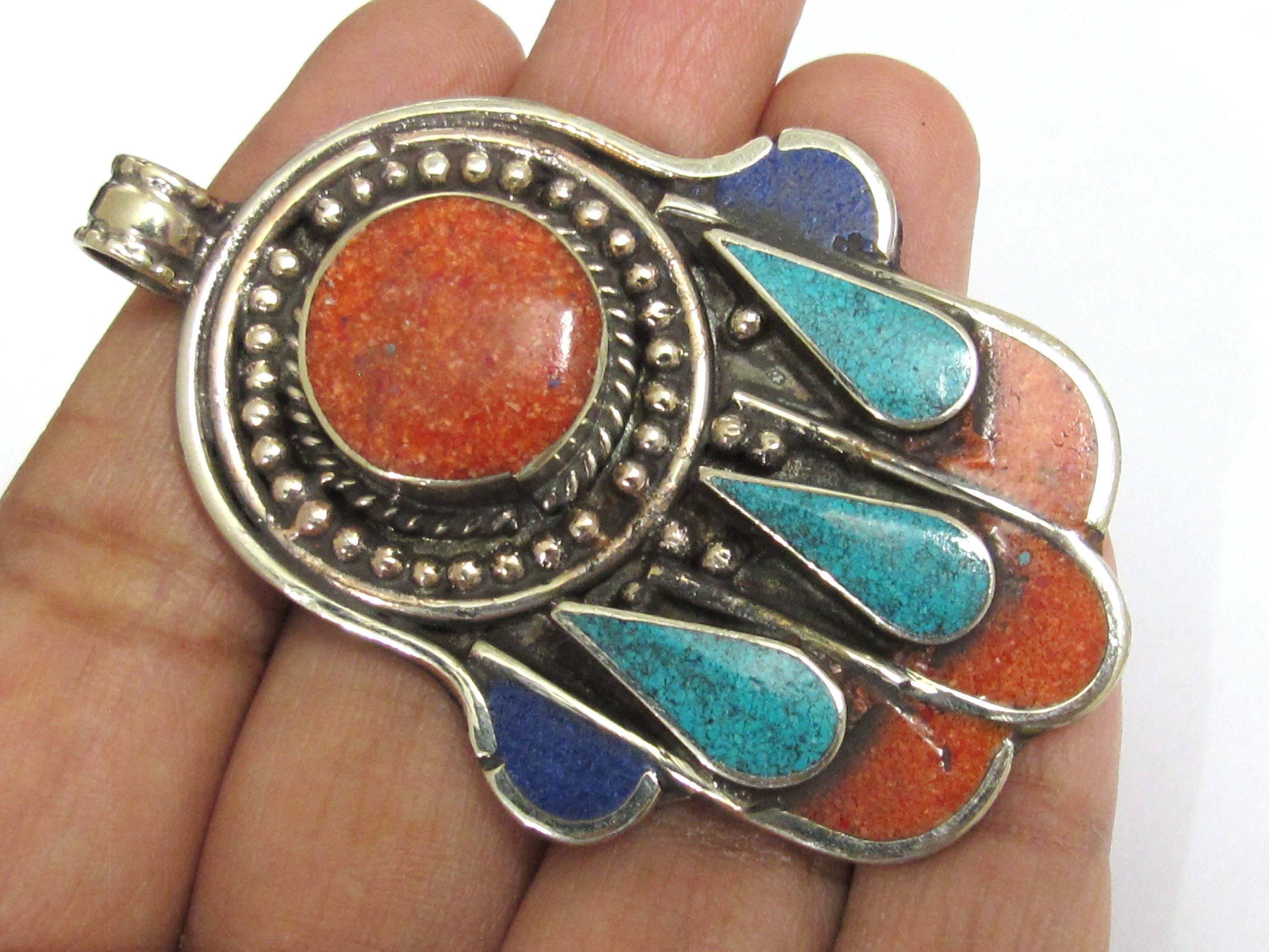 1 pendant - Beautiful Tibetan hamsa pendant with coral resin center and turquoise coral inlay hand pendant handcrafted Nepal - PM337A
