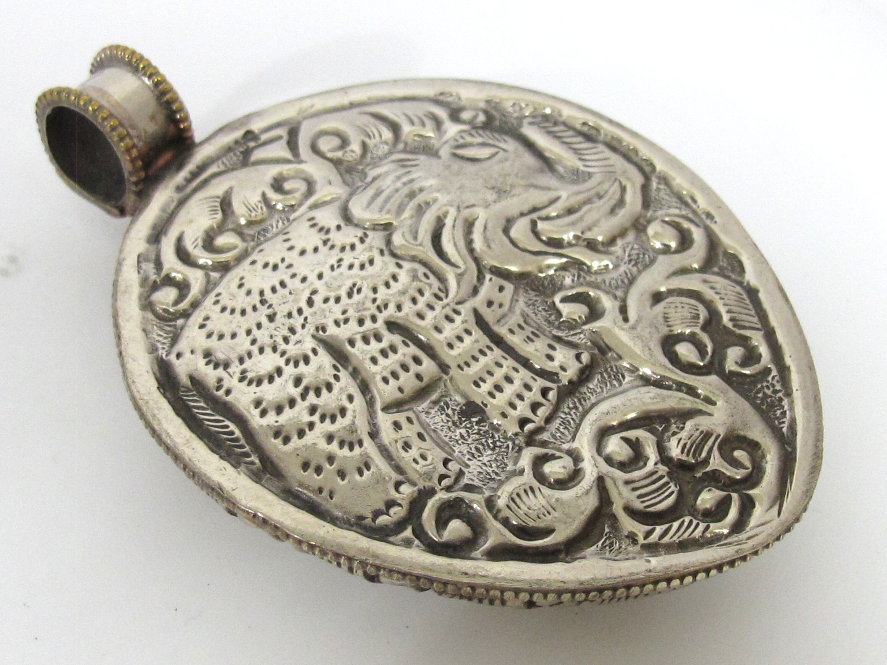 OOAK unique Tibetan dragon carved conch shell pendant Large heavy bold jewelry pendant with reverse side elephant design Nepal - PM406YD