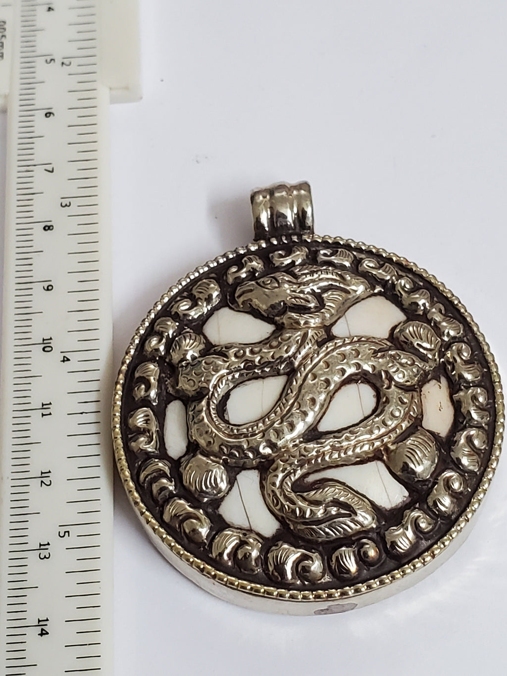 OOAK - Tibetan dragon and deer design ethnic naga conch shell Reversible pendant - PM199B