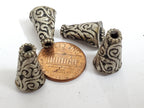 4 BEADS - Tibetan antiqued silver finish repousse floral design conical cone shape beads handcrafted Nepal 10 mm x 17 -18 mm - BD353B