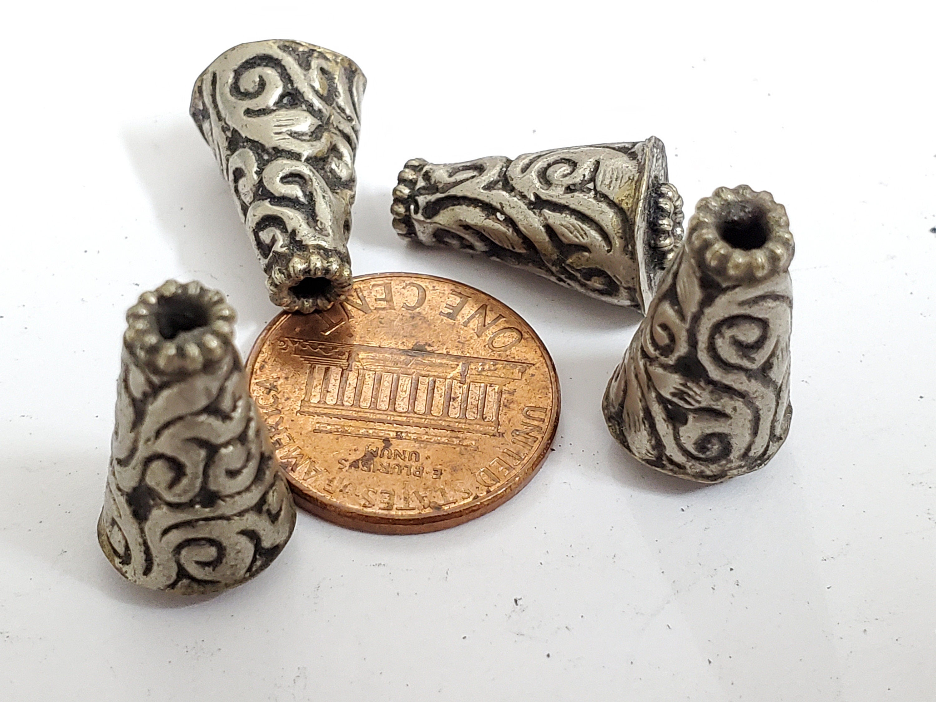 4 BEADS - Tibetan antiqued silver finish repousse floral design conical cone shape beads handcrafted Nepal 10 mm x 17 -18 mm - BD353B