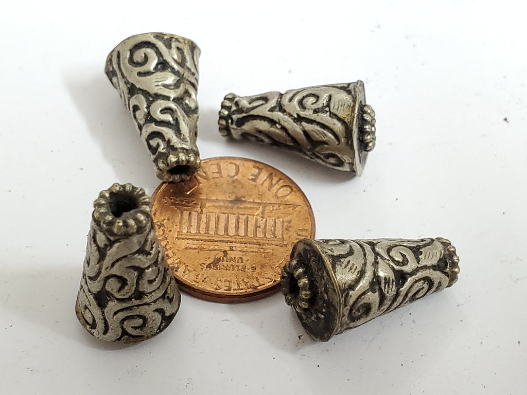 4 BEADS - Tibetan antiqued silver finish repousse floral design conical cone shape beads handcrafted Nepal 10 mm x 17 -18 mm - BD353B