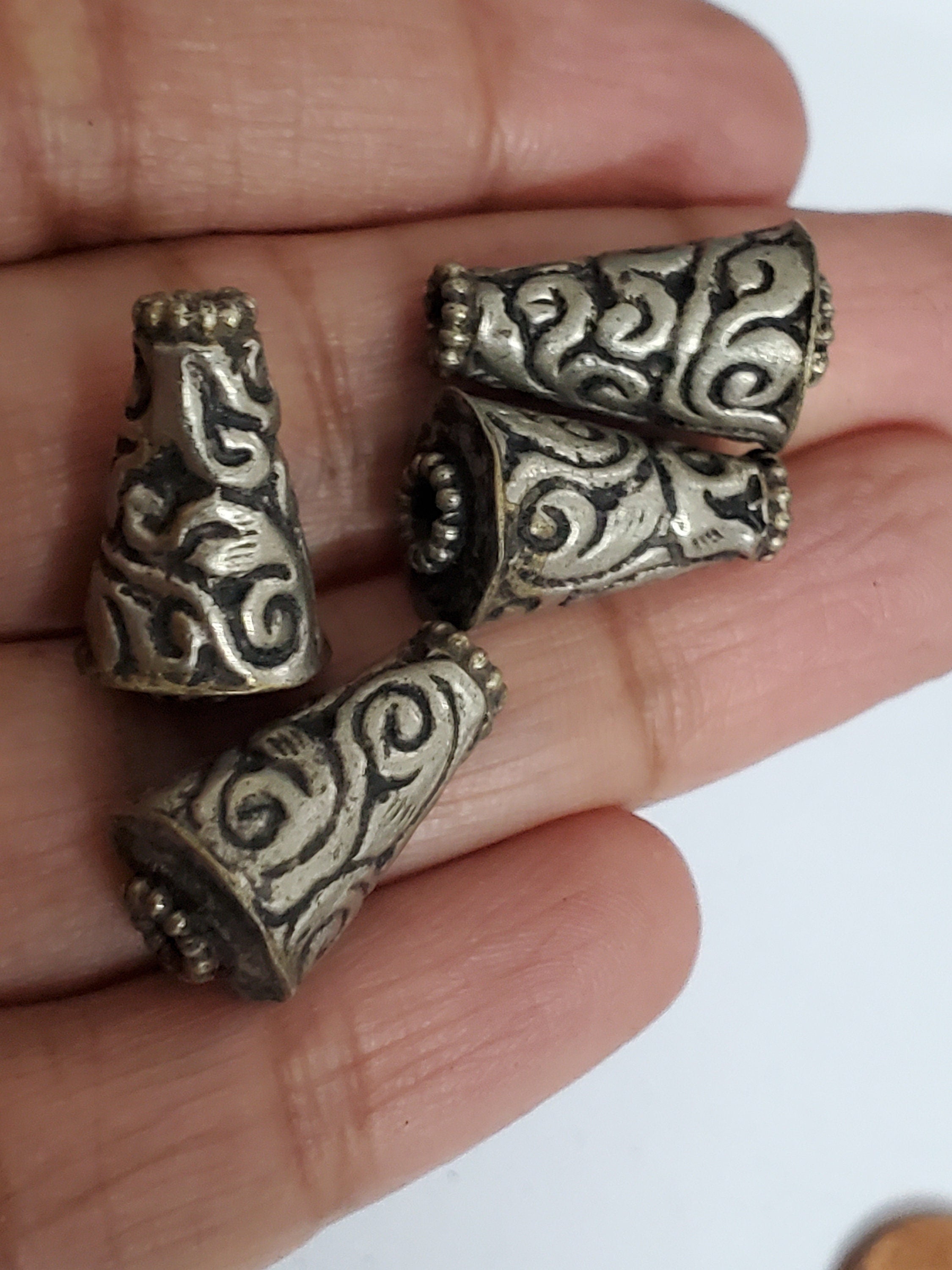 4 BEADS - Tibetan antiqued silver finish repousse floral design conical cone shape beads handcrafted Nepal 10 mm x 17 -18 mm - BD353B