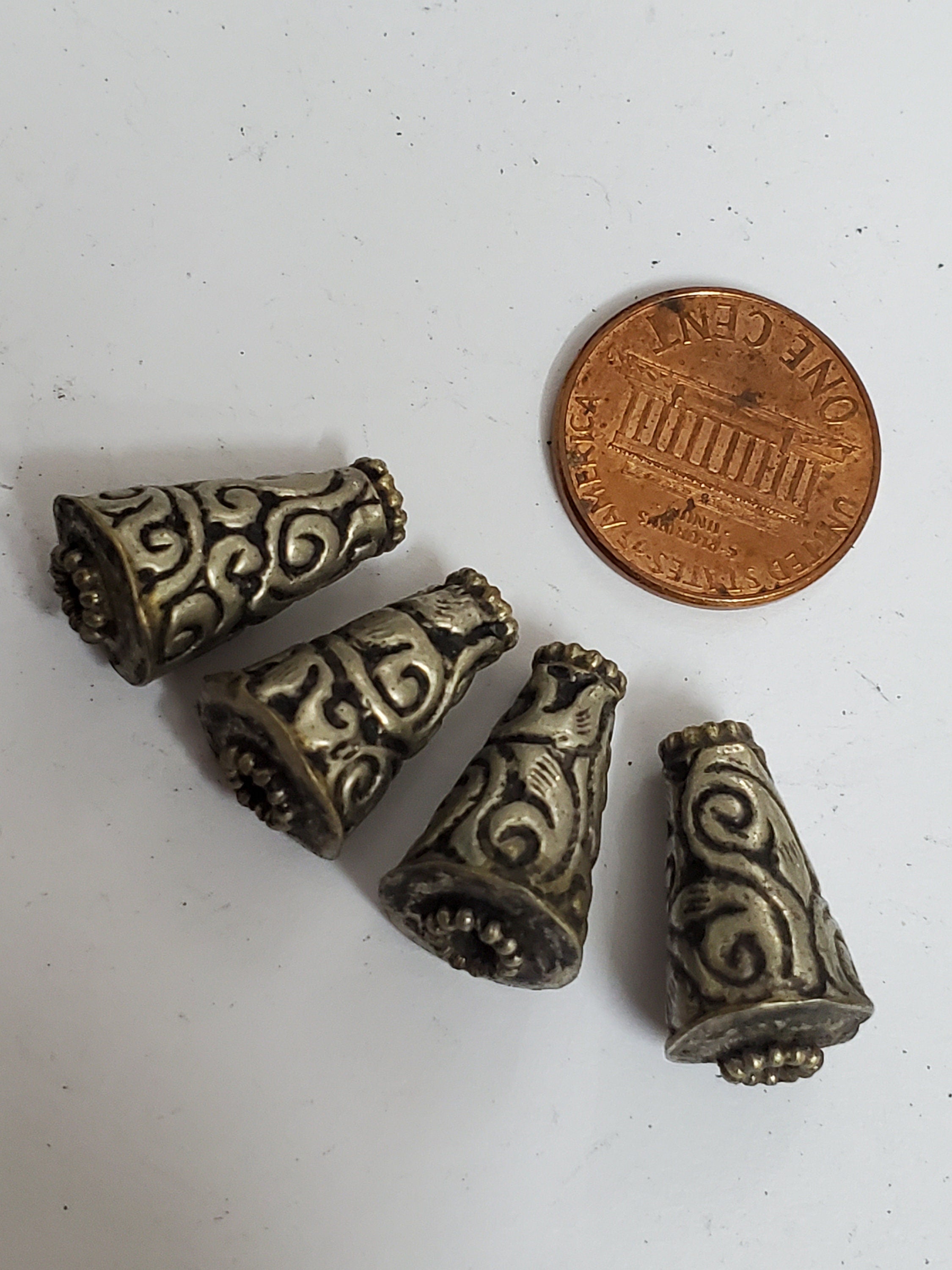 4 BEADS - Tibetan antiqued silver finish repousse floral design conical cone shape beads handcrafted Nepal 10 mm x 17 -18 mm - BD353B