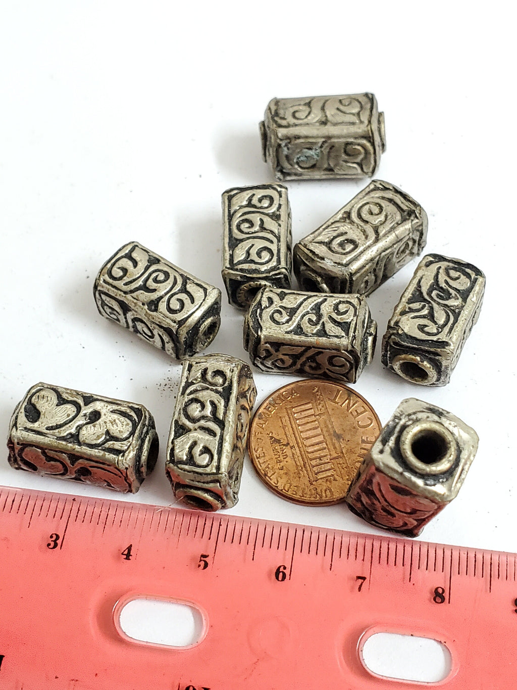 4 BEADS -Rectangular cube shape Tibetan antiqued silver finish repousse floral design bead - BD353C