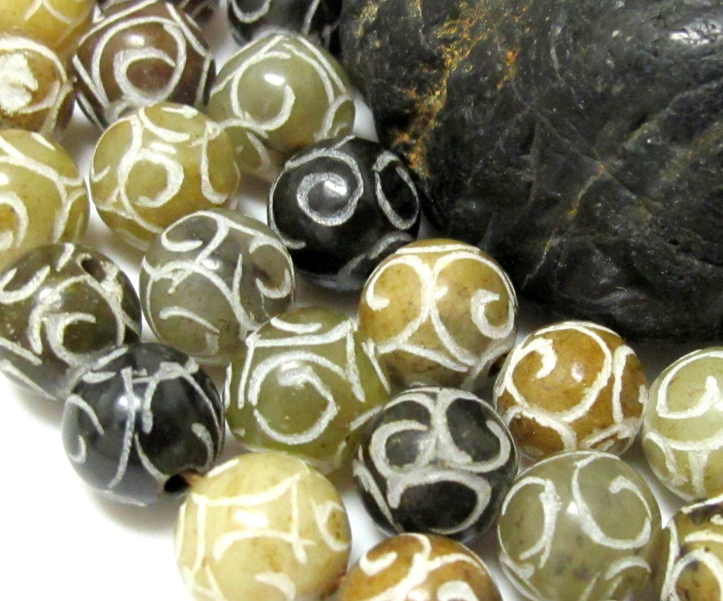 Ethnic carved Tibetan Jade gemstone beads - 4 beads - 11 mm size - GM003