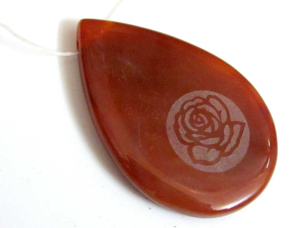 Rose flower etched carnelian agate tear drop shape focal pendant bead - GM008