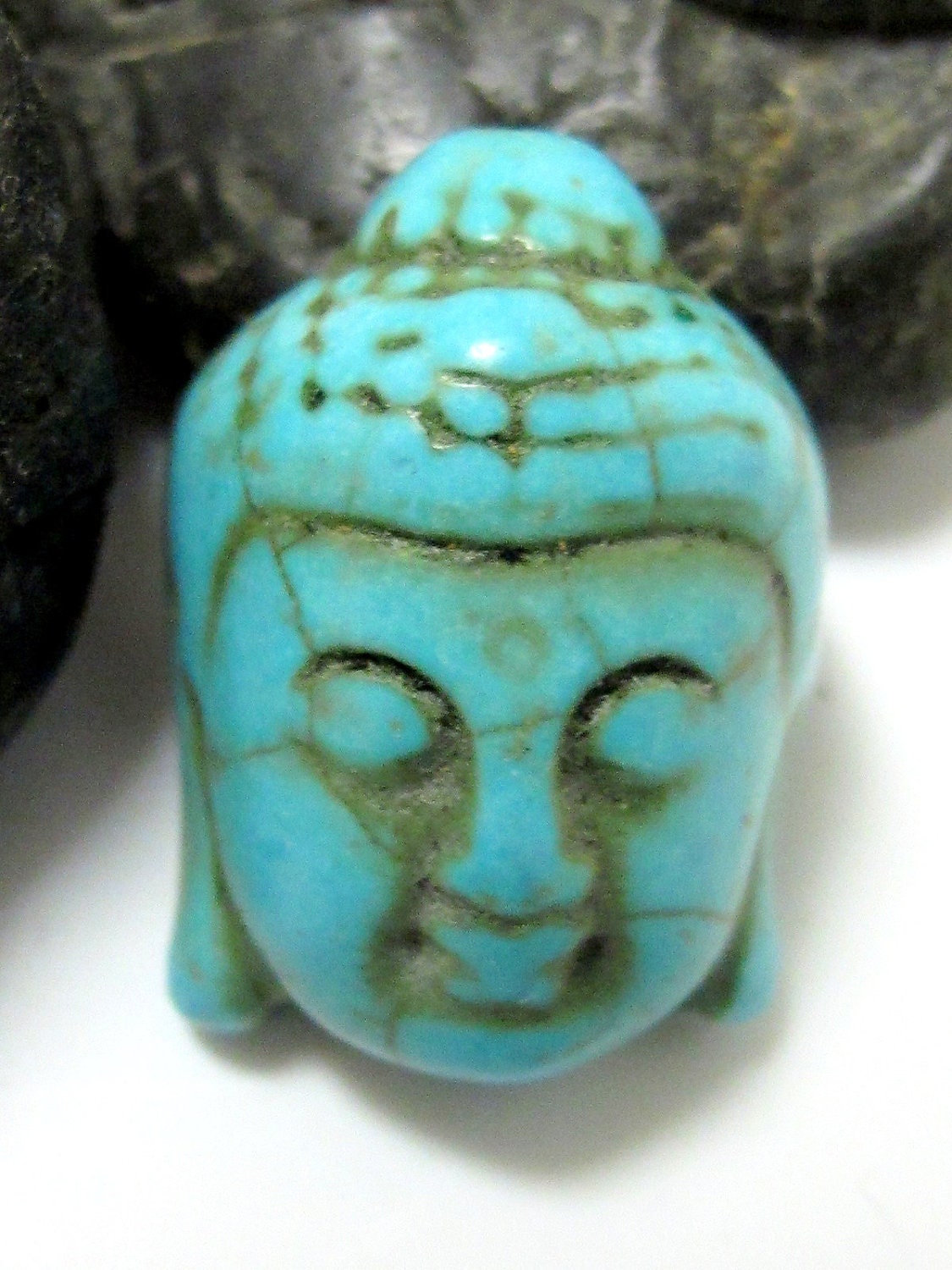 2 Beads - Turquoise howlite carved Buddha face focal pendant bead - BD127