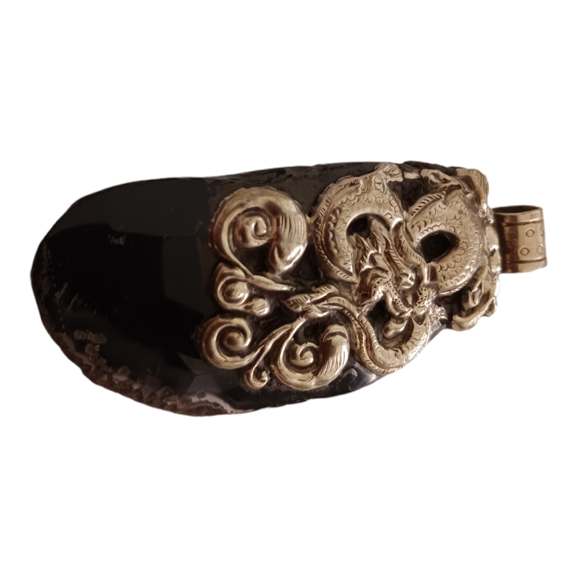 Unique OOAK Beautiful large freeform Tibetan dragon design agate gemstone pendant with deer reversible design - PM206F
