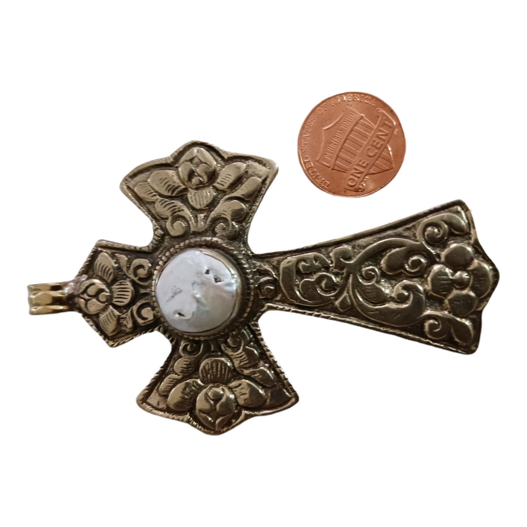 Tibetan pendant - 1 pendant - Beautiful Tibetan floral design cross pendant from Nepal with pearl inlay - PM210A