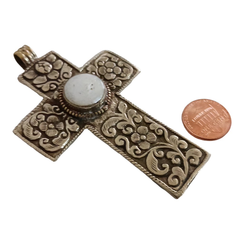 Tibetan pendant - 1 pendant - Large size Tibetan floral design cross pendant from Nepal with pearl inlay - PM210C