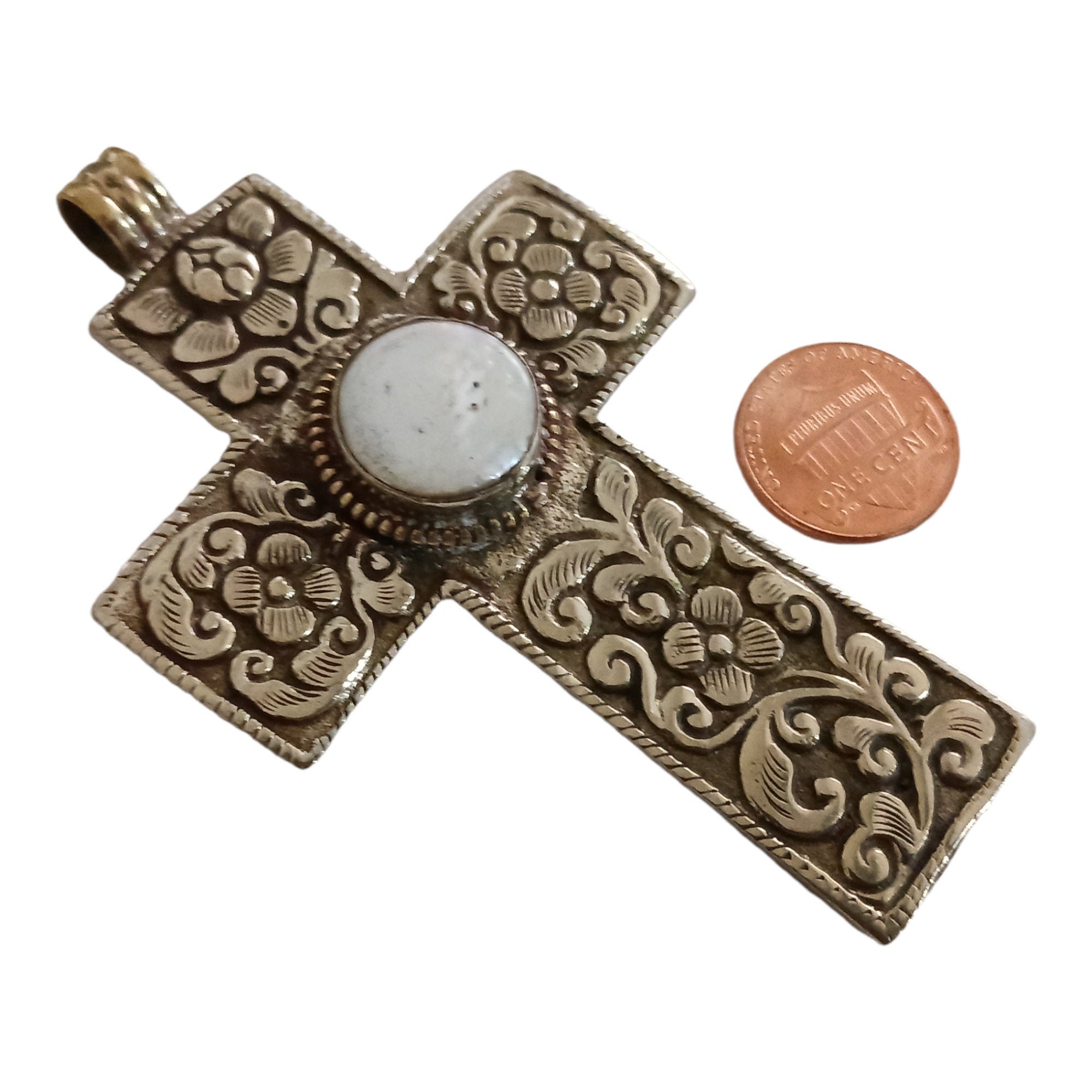 Tibetan pendant - 1 pendant - Large size Tibetan floral design cross pendant from Nepal with pearl inlay - PM210C