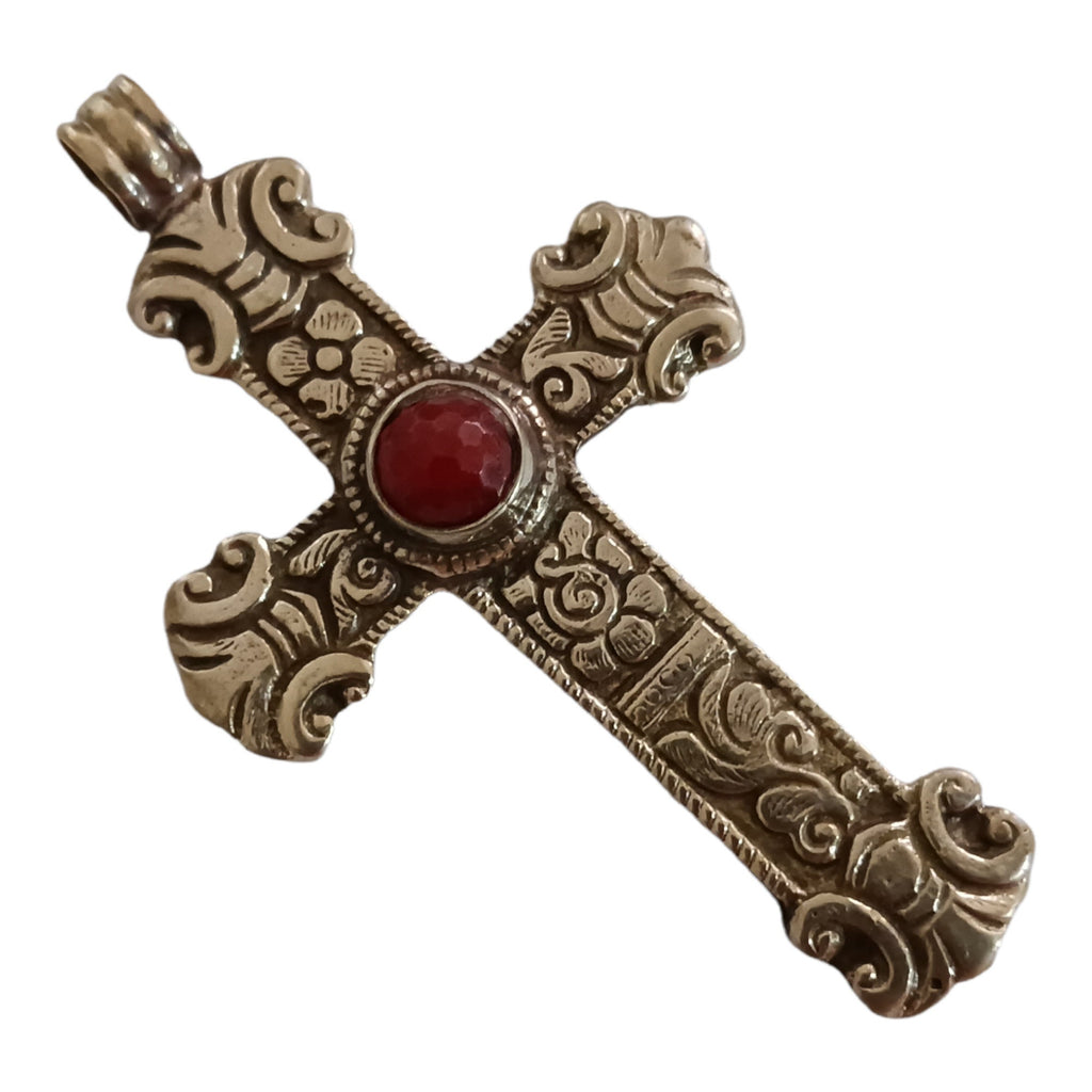 OOAK unique large Tibetan cross pendant from Nepal with agate inlay floral design - PM210D