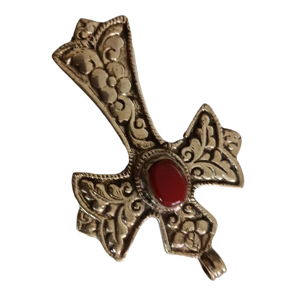 Tibetan cross pendant from Nepal with agate inlay floral design - PM210F